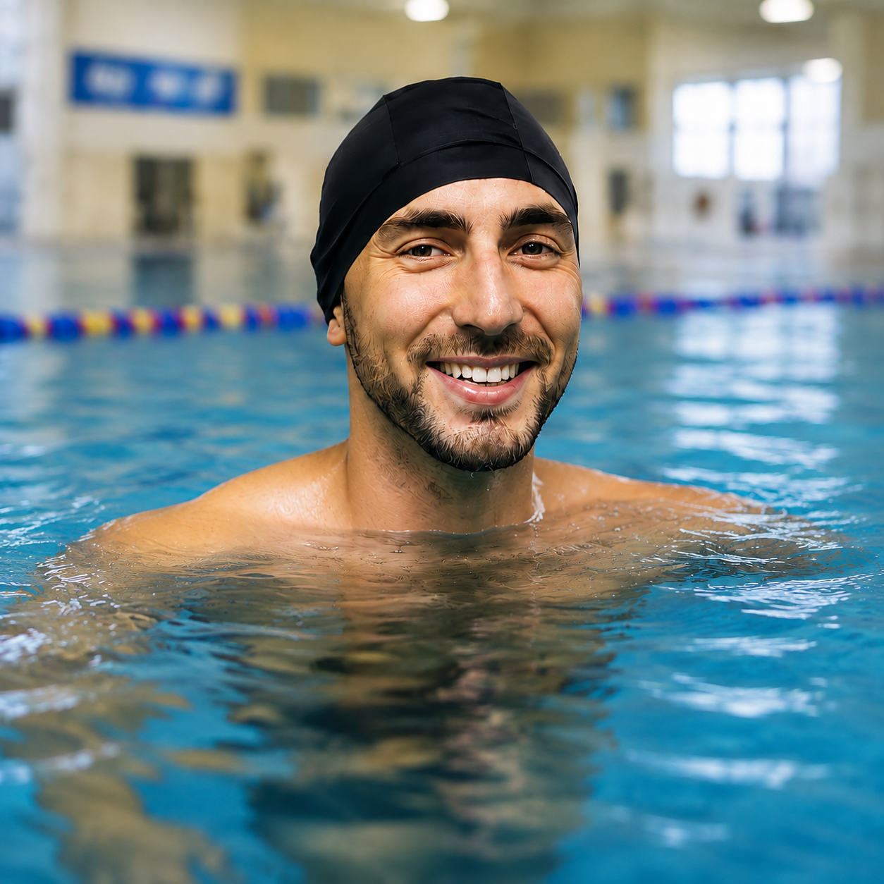 Smiling swimmer in a blue indoor pool